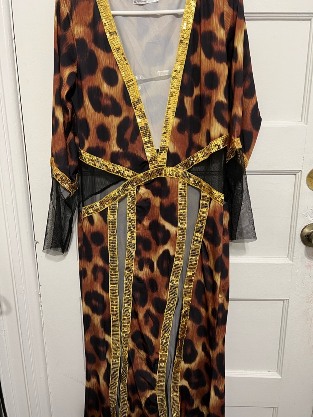 Sexy belly dancer Leopard Print Deep V Maxi Dress with Gold Trim